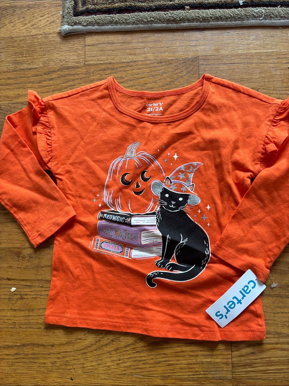 Carter's Orange Long-Sleeve Halloween Tee with Black Cat & Pumpkin Graphic